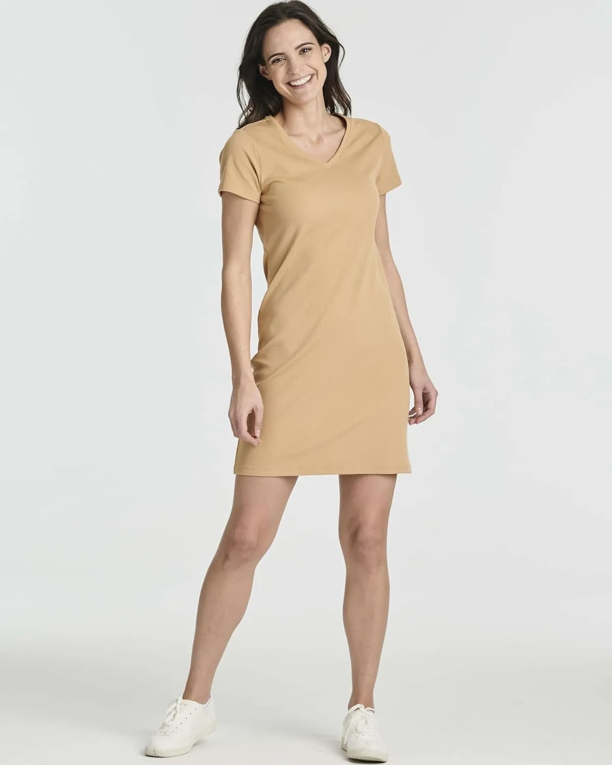 Real Essentials 3 Pack: Women's Ribbed Knit Short-Sleeve V-Neck Swing T-Shirt Casual Dress (Available in Plus)