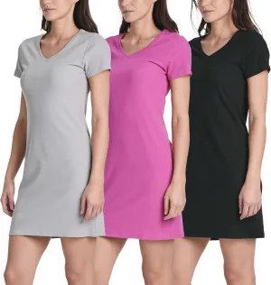 Real Essentials 3 Pack: Women's Ribbed Knit Short-Sleeve V-Neck Swing T-Shirt Casual Dress (Available in Plus)