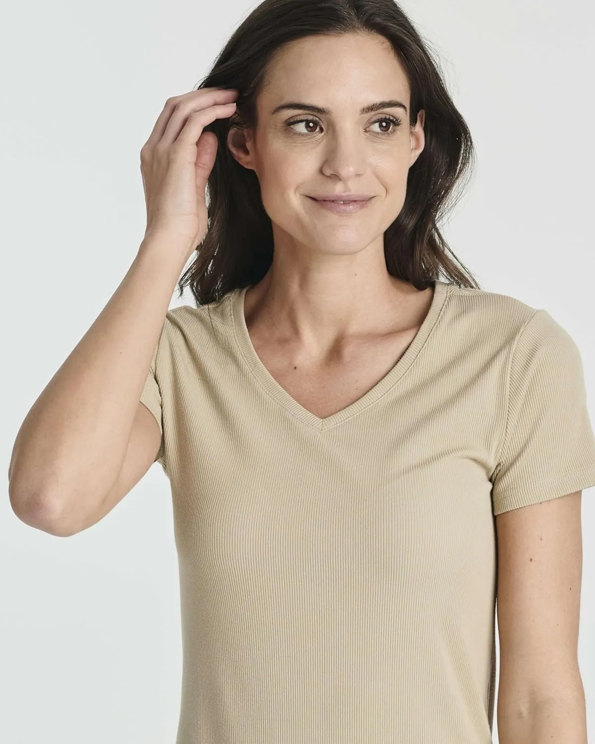 Real Essentials 3 Pack: Women's Ribbed Knit Short-Sleeve V-Neck Swing T-Shirt Casual Dress (Available in Plus)
