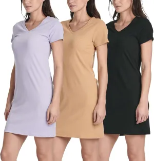 Real Essentials 3 Pack: Women's Ribbed Knit Short-Sleeve V-Neck Swing T-Shirt Casual Dress (Available in Plus)