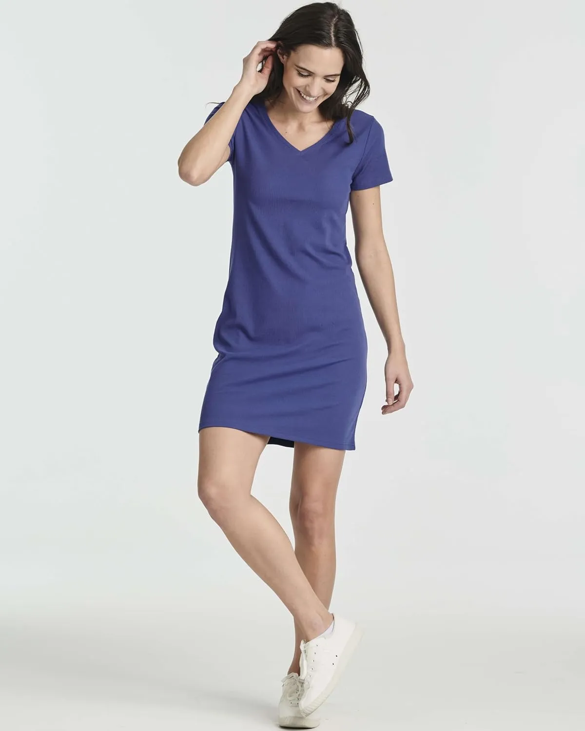 Real Essentials 3 Pack: Women's Ribbed Knit Short-Sleeve V-Neck Swing T-Shirt Casual Dress (Available in Plus)