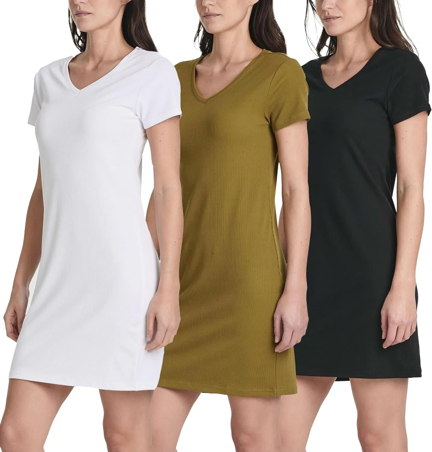 Real Essentials 3 Pack: Women's Ribbed Knit Short-Sleeve V-Neck Swing T-Shirt Casual Dress (Available in Plus)