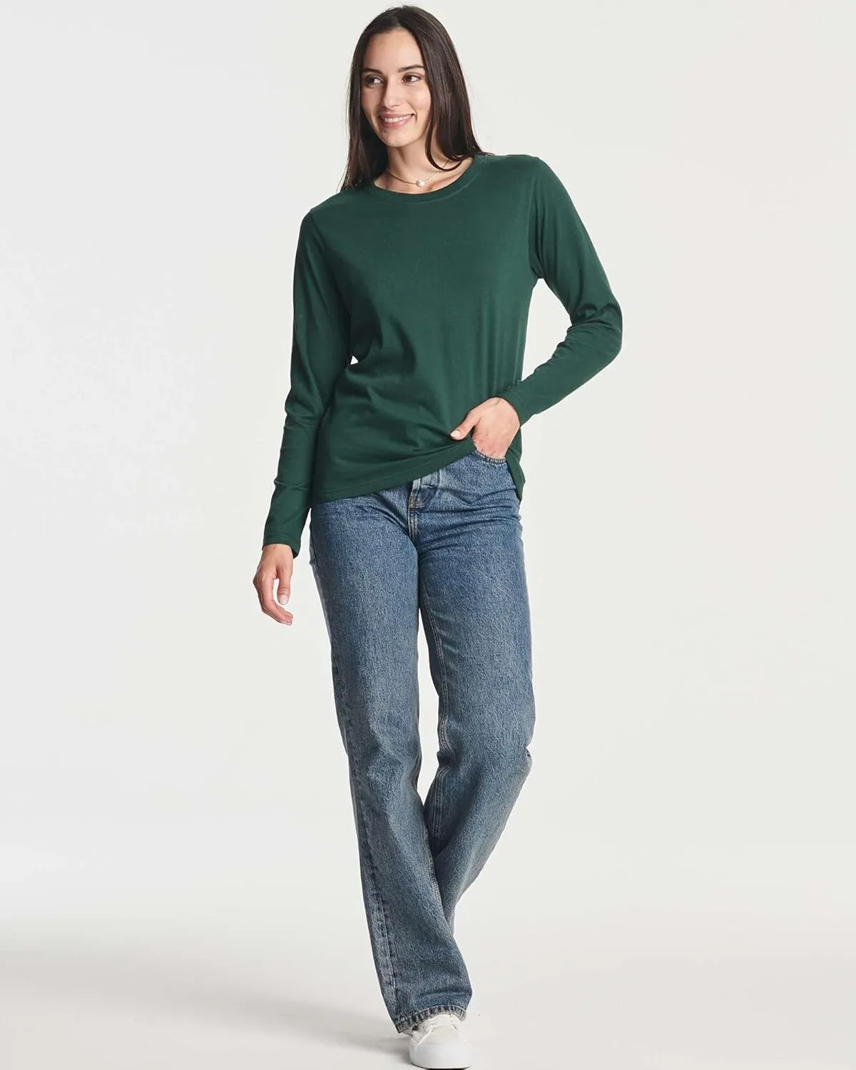 Real Essentials 4 Pack: Women's Cotton Classic-Fit Long-Sleeve Crewneck T-Shirt (Available in Plus Size)