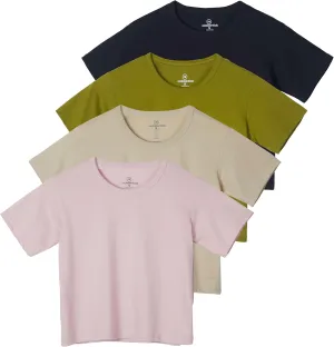 Real Essentials 4 Pack: Women's Cotton Short Sleeve Crop Top  Cropped Casual Crew Neck T-Shirts (Available in Plus Size)