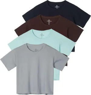 Real Essentials 4 Pack: Women's Cotton Short Sleeve Crop Top  Cropped Casual Crew Neck T-Shirts (Available in Plus Size)