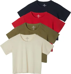 Real Essentials 4 Pack: Women's Cotton Short Sleeve Crop Top  Cropped Casual Crew Neck T-Shirts (Available in Plus Size)