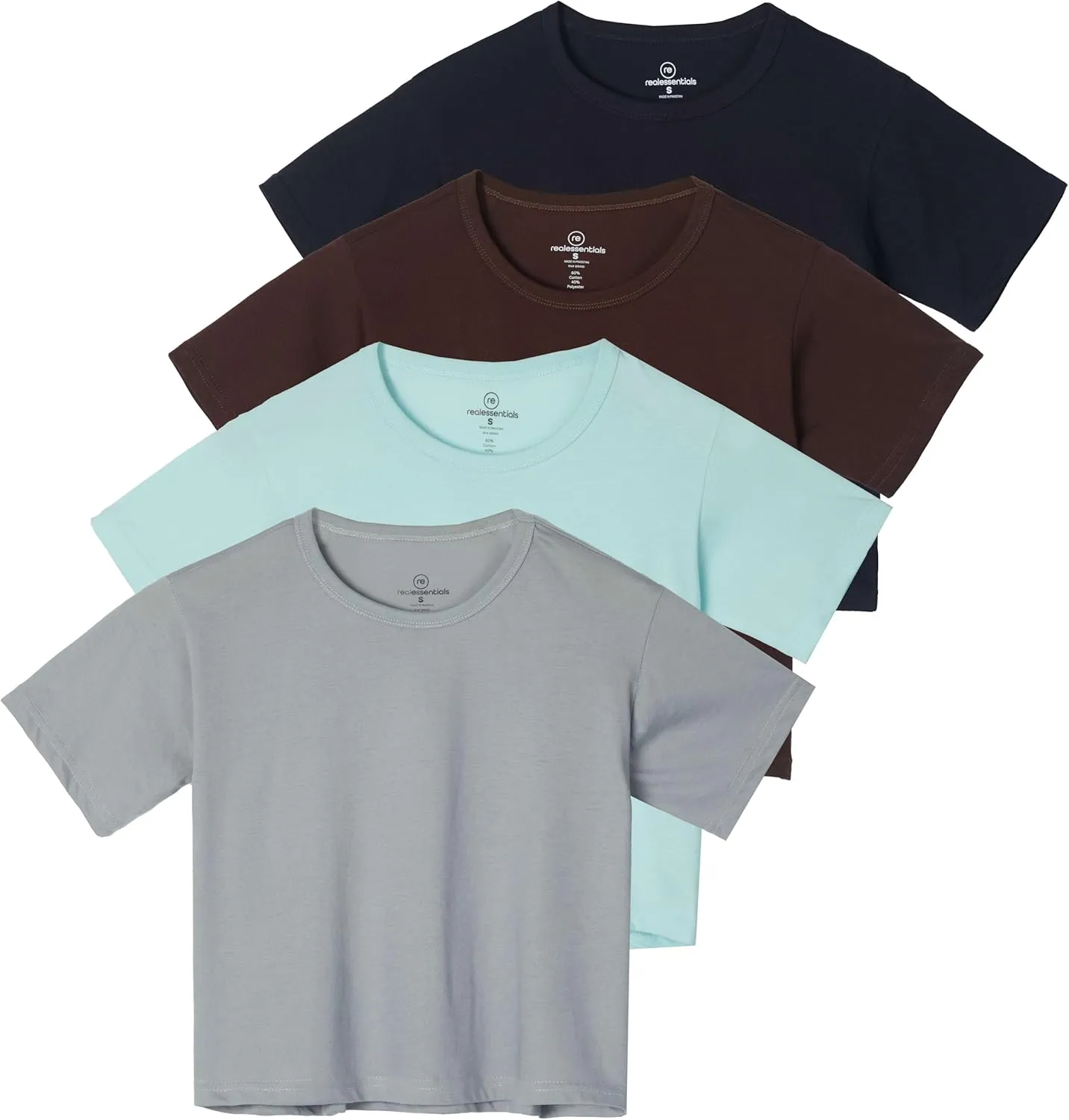 Real Essentials 4 Pack: Women's Cotton Short Sleeve Crop Top  Cropped Casual Crew Neck T-Shirts (Available in Plus Size)