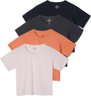 Real Essentials 4 Pack: Women's Cotton Short Sleeve Crop Top  Cropped Casual Crew Neck T-Shirts (Available in Plus Size)
