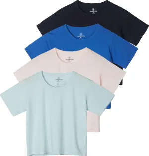 Real Essentials 4 Pack: Women's Cotton Short Sleeve Crop Top  Cropped Casual Crew Neck T-Shirts (Available in Plus Size)