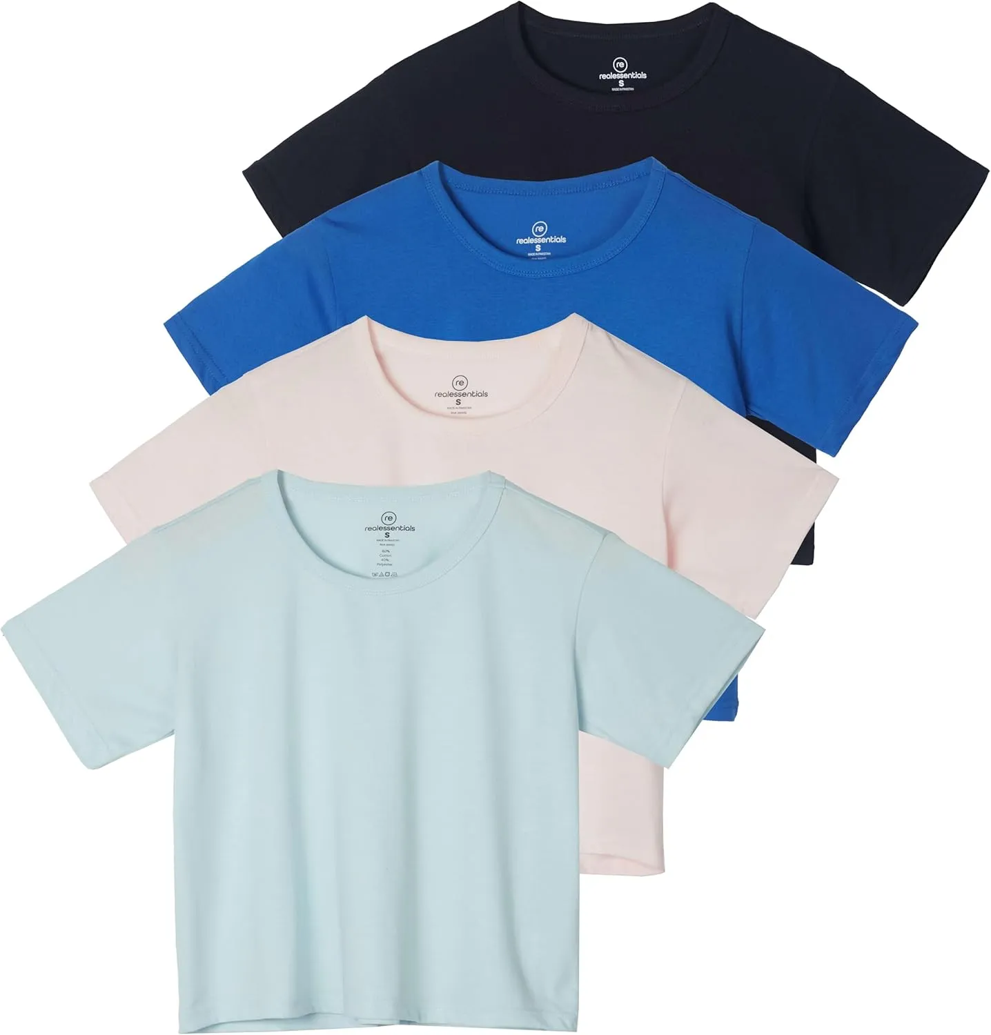 Real Essentials 4 Pack: Women's Cotton Short Sleeve Crop Top  Cropped Casual Crew Neck T-Shirts (Available in Plus Size)