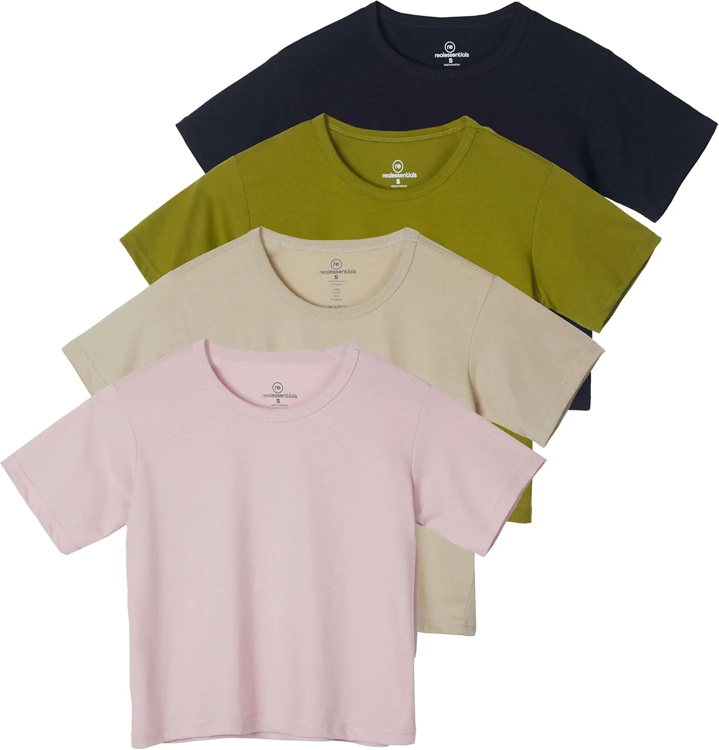 Real Essentials 4 Pack: Women's Cotton Short Sleeve Crop Top  Cropped Casual Crew Neck T-Shirts (Available in Plus Size)