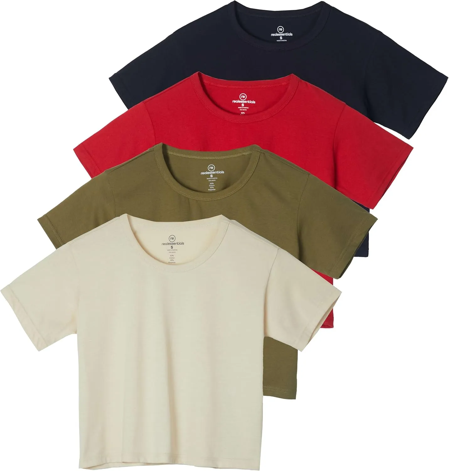 Real Essentials 4 Pack: Women's Cotton Short Sleeve Crop Top  Cropped Casual Crew Neck T-Shirts (Available in Plus Size)