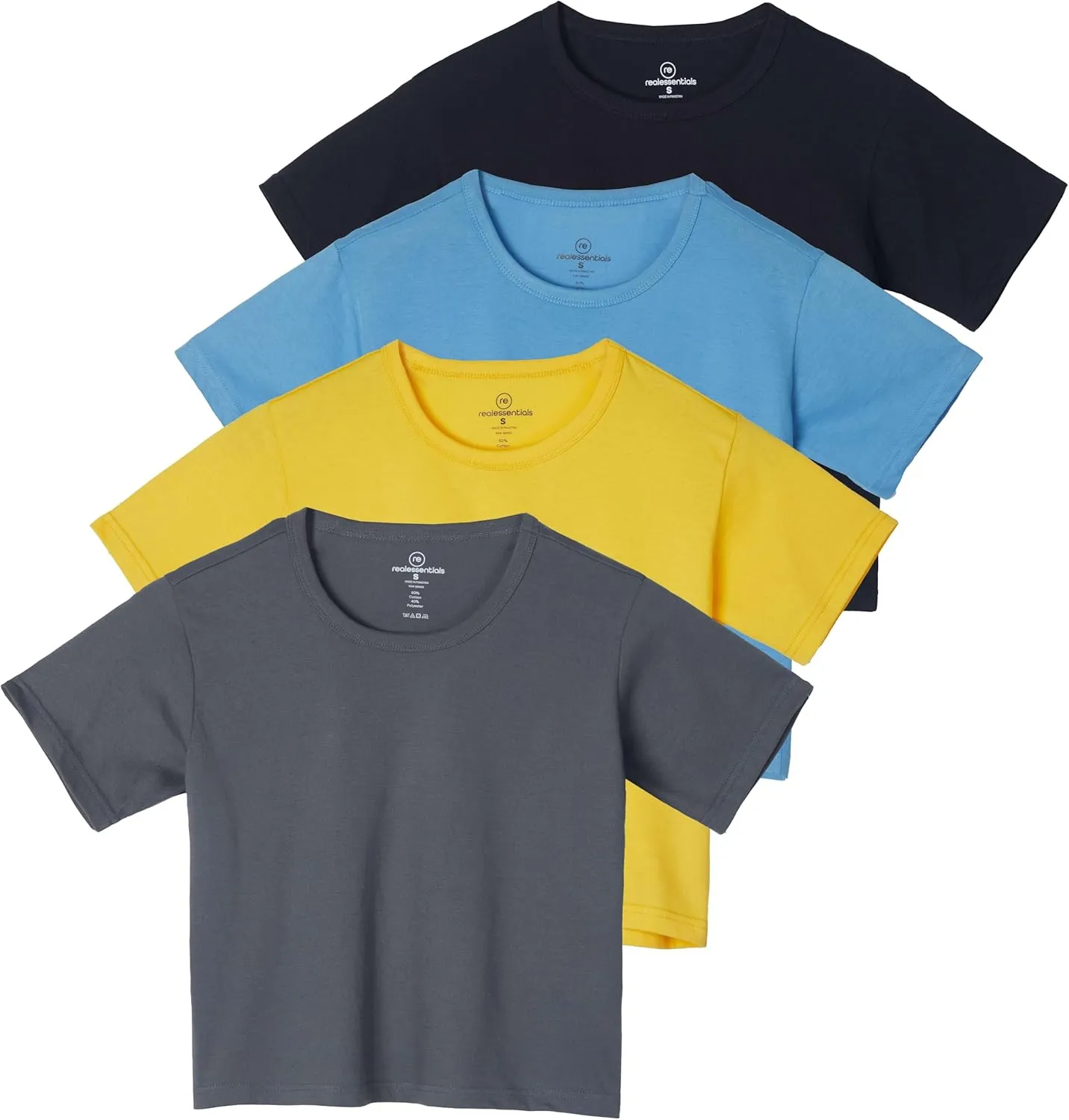 Real Essentials 4 Pack: Women's Cotton Short Sleeve Crop Top  Cropped Casual Crew Neck T-Shirts (Available in Plus Size)