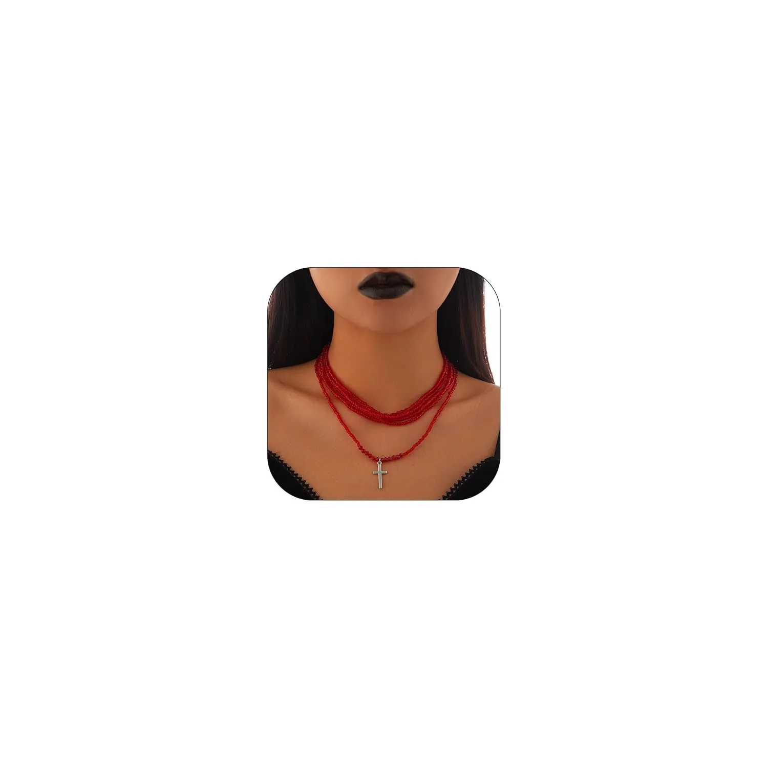 Red Black Beaded Necklaces for Women Silver Cross Pendant Necklace Layered Beads Necklace Christian Gifts for Women Faith Baptism Gifts Confirmation Gifts