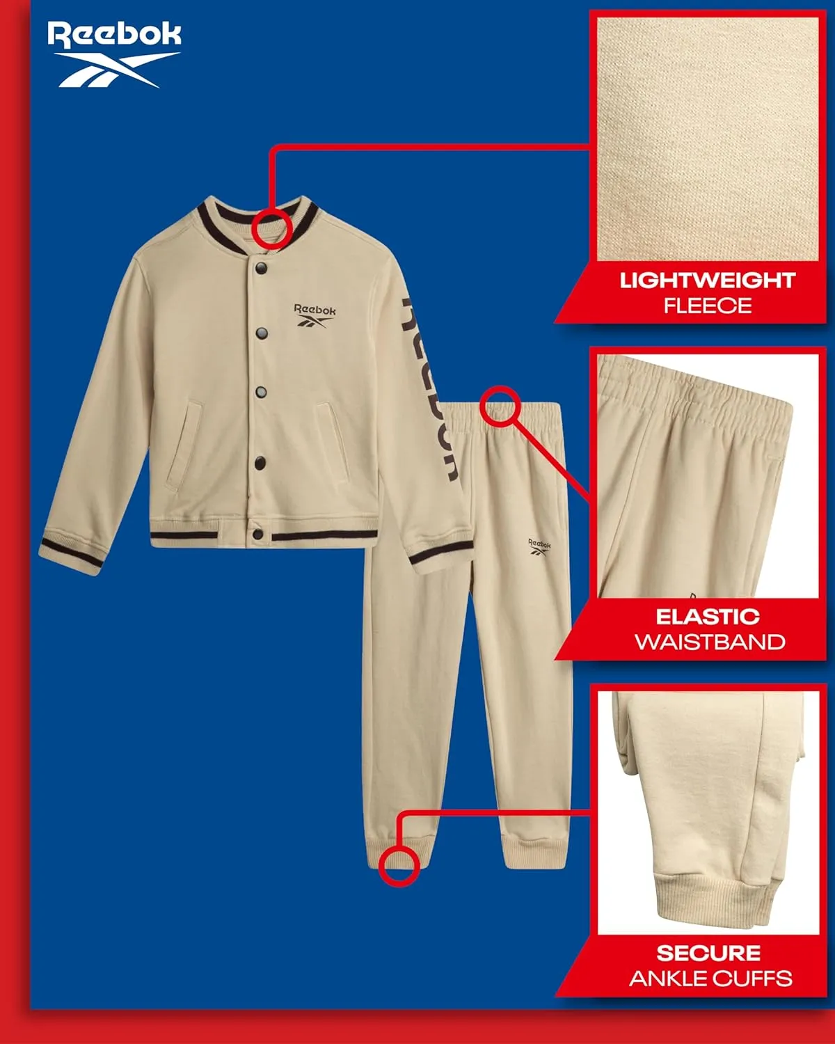 Reebok Boys' Pants Set - 2 Piece Fleece Varsity Jacket and Jogger Sweatpants - Sweatshirt and Pants Outfit for Toddlers, 2T-7