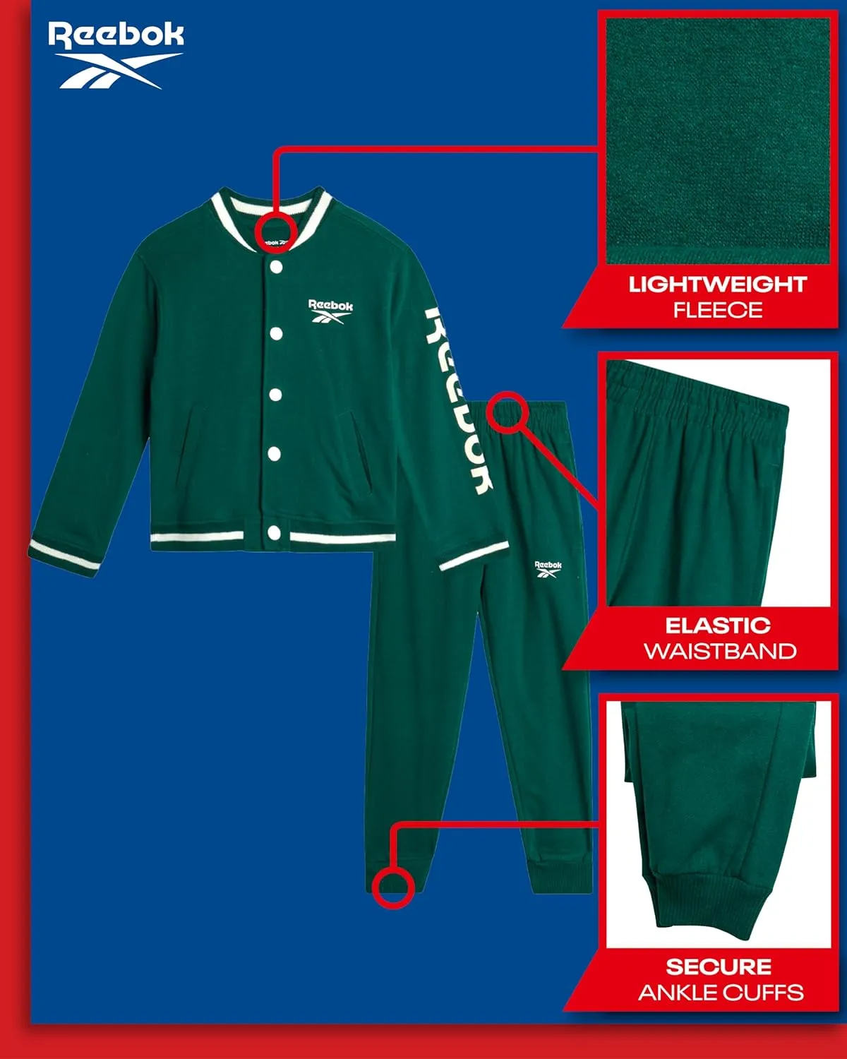 Reebok Boys' Pants Set - 2 Piece Fleece Varsity Jacket and Jogger Sweatpants - Sweatshirt and Pants Outfit for Toddlers, 2T-7