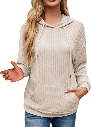 Ribbed Tunic Pullover For Women With Pockets Long Sleeve Drawstring Hooded Sweatshirts Fall Solid Color Looses Hoodie