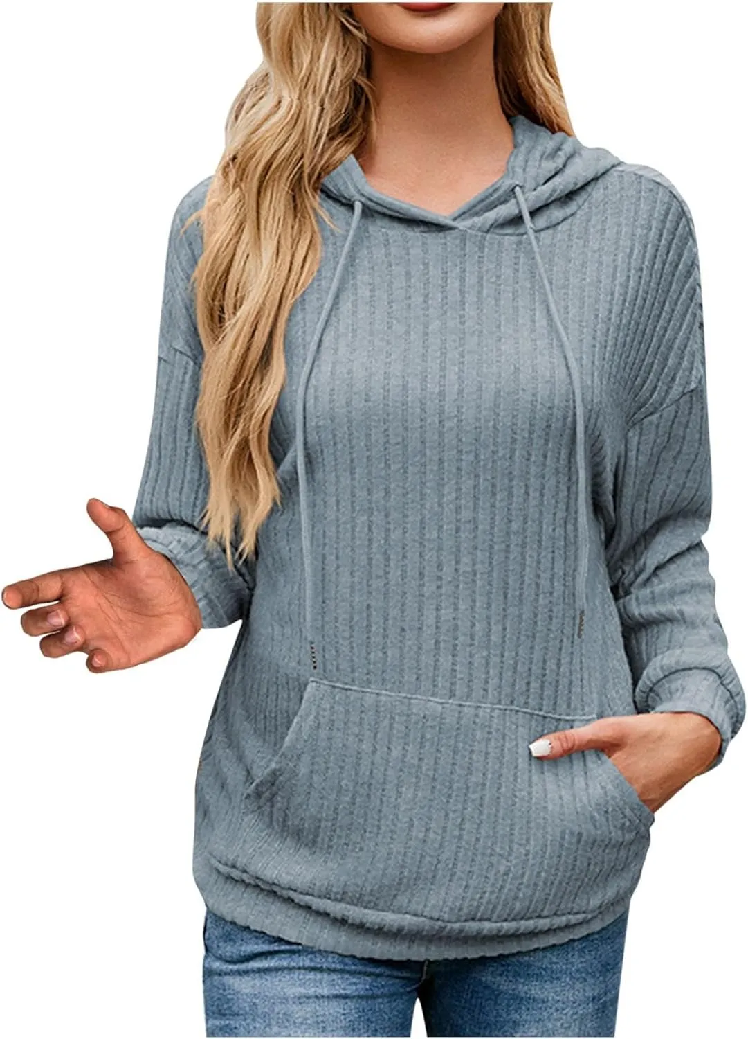 Ribbed Tunic Pullover For Women With Pockets Long Sleeve Drawstring Hooded Sweatshirts Fall Solid Color Looses Hoodie
