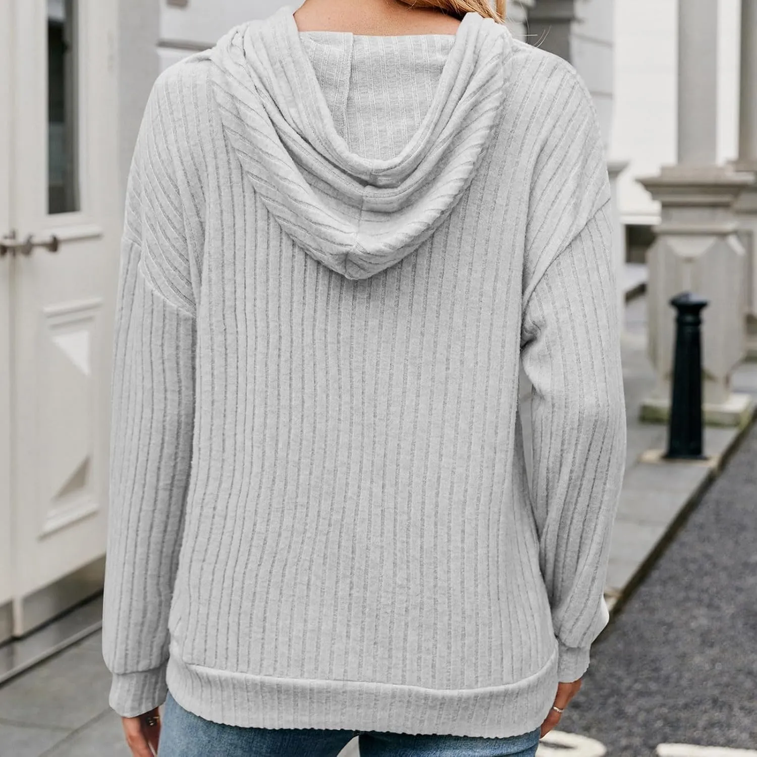 Ribbed Tunic Pullover For Women With Pockets Long Sleeve Drawstring Hooded Sweatshirts Fall Solid Color Looses Hoodie