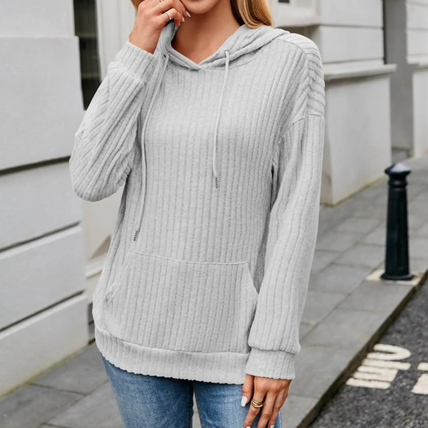 Ribbed Tunic Pullover For Women With Pockets Long Sleeve Drawstring Hooded Sweatshirts Fall Solid Color Looses Hoodie