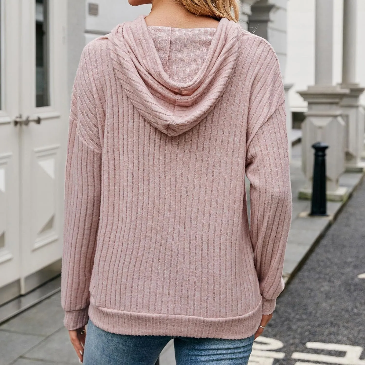 Ribbed Tunic Pullover For Women With Pockets Long Sleeve Drawstring Hooded Sweatshirts Fall Solid Color Looses Hoodie