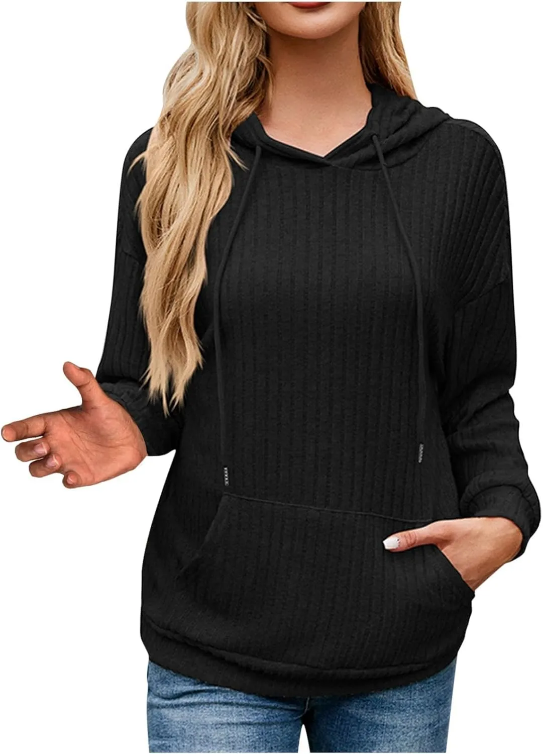 Ribbed Tunic Pullover For Women With Pockets Long Sleeve Drawstring Hooded Sweatshirts Fall Solid Color Looses Hoodie