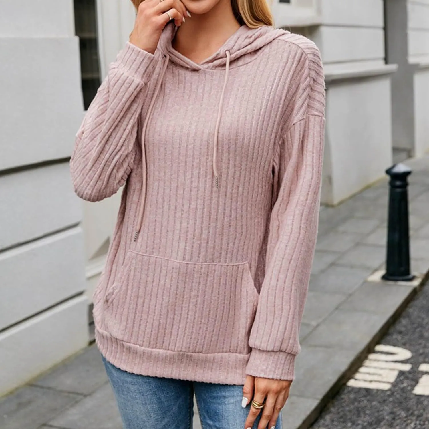 Ribbed Tunic Pullover For Women With Pockets Long Sleeve Drawstring Hooded Sweatshirts Fall Solid Color Looses Hoodie
