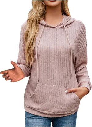 Ribbed Tunic Pullover For Women With Pockets Long Sleeve Drawstring Hooded Sweatshirts Fall Solid Color Looses Hoodie