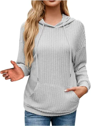 Ribbed Tunic Pullover For Women With Pockets Long Sleeve Drawstring Hooded Sweatshirts Fall Solid Color Looses Hoodie