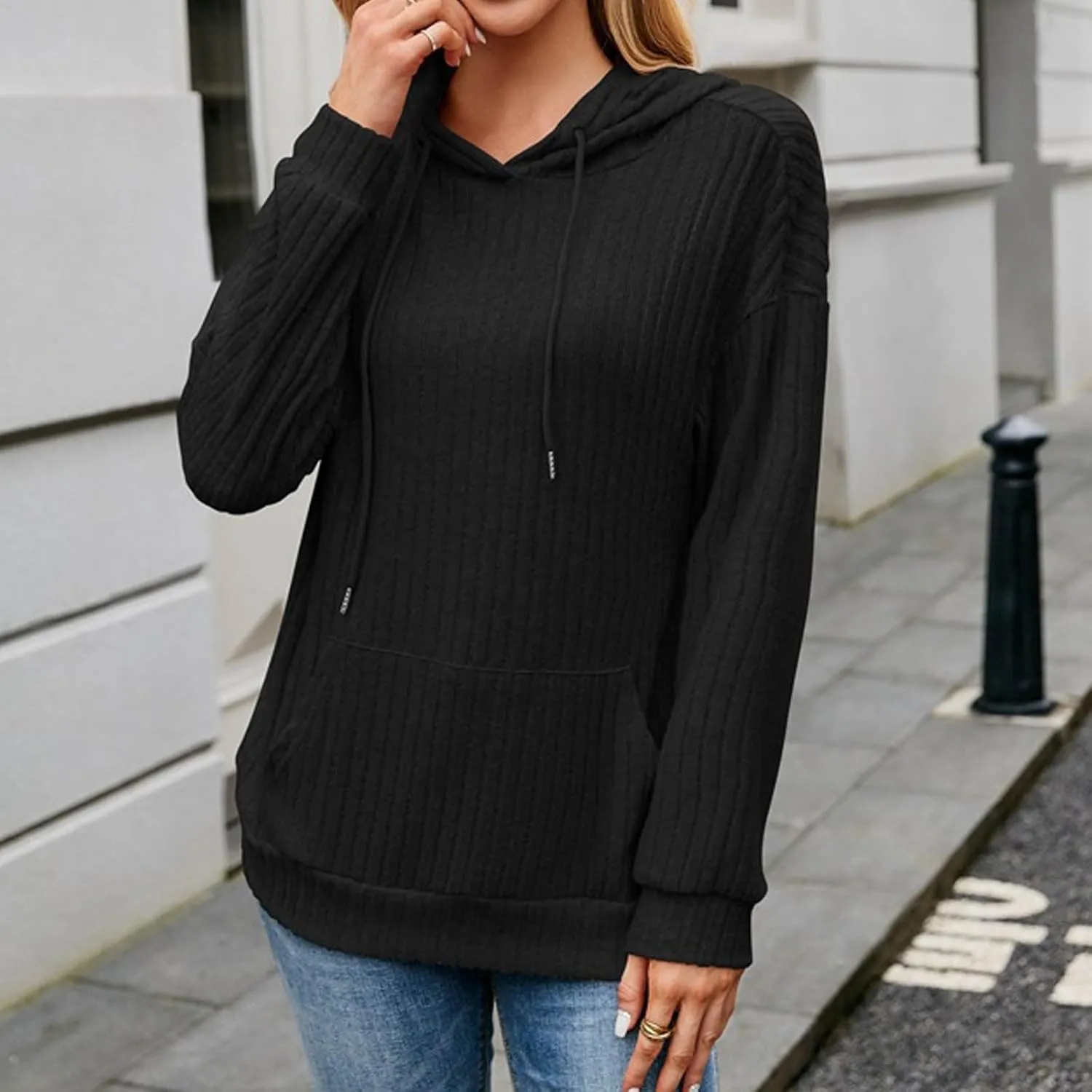 Ribbed Tunic Pullover For Women With Pockets Long Sleeve Drawstring Hooded Sweatshirts Fall Solid Color Looses Hoodie