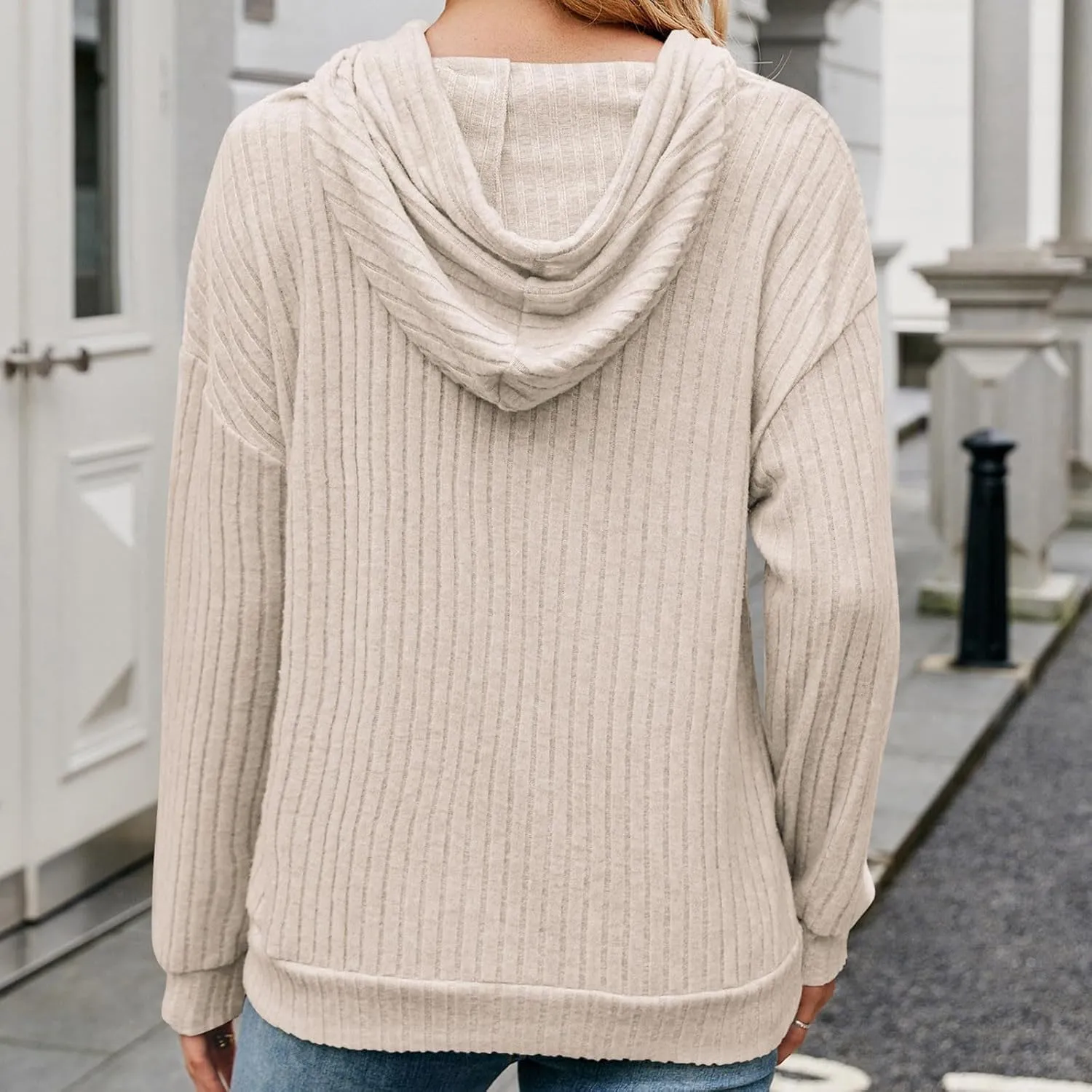Ribbed Tunic Pullover For Women With Pockets Long Sleeve Drawstring Hooded Sweatshirts Fall Solid Color Looses Hoodie