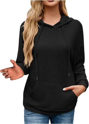 Ribbed Tunic Pullover For Women With Pockets Long Sleeve Drawstring Hooded Sweatshirts Fall Solid Color Looses Hoodie