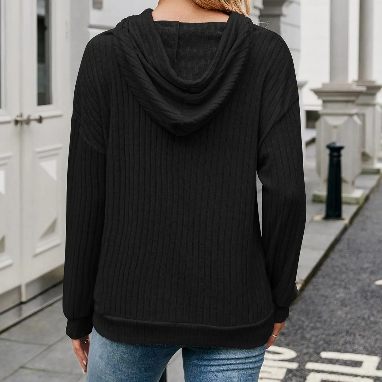 Ribbed Tunic Pullover For Women With Pockets Long Sleeve Drawstring Hooded Sweatshirts Fall Solid Color Looses Hoodie