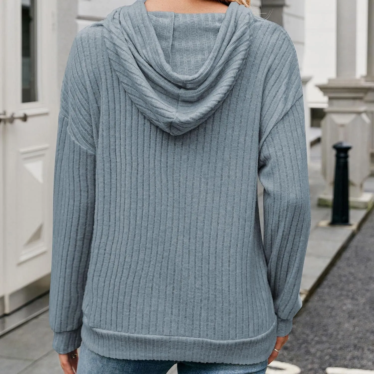 Ribbed Tunic Pullover For Women With Pockets Long Sleeve Drawstring Hooded Sweatshirts Fall Solid Color Looses Hoodie