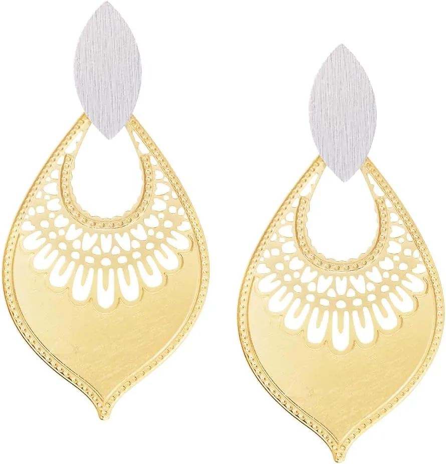 Rosemarie Collections Women's Lightweight Textured Two Tone Moroccan Filigree Statement Hypoallergenic Post Back Dangle Earrings, 3"
