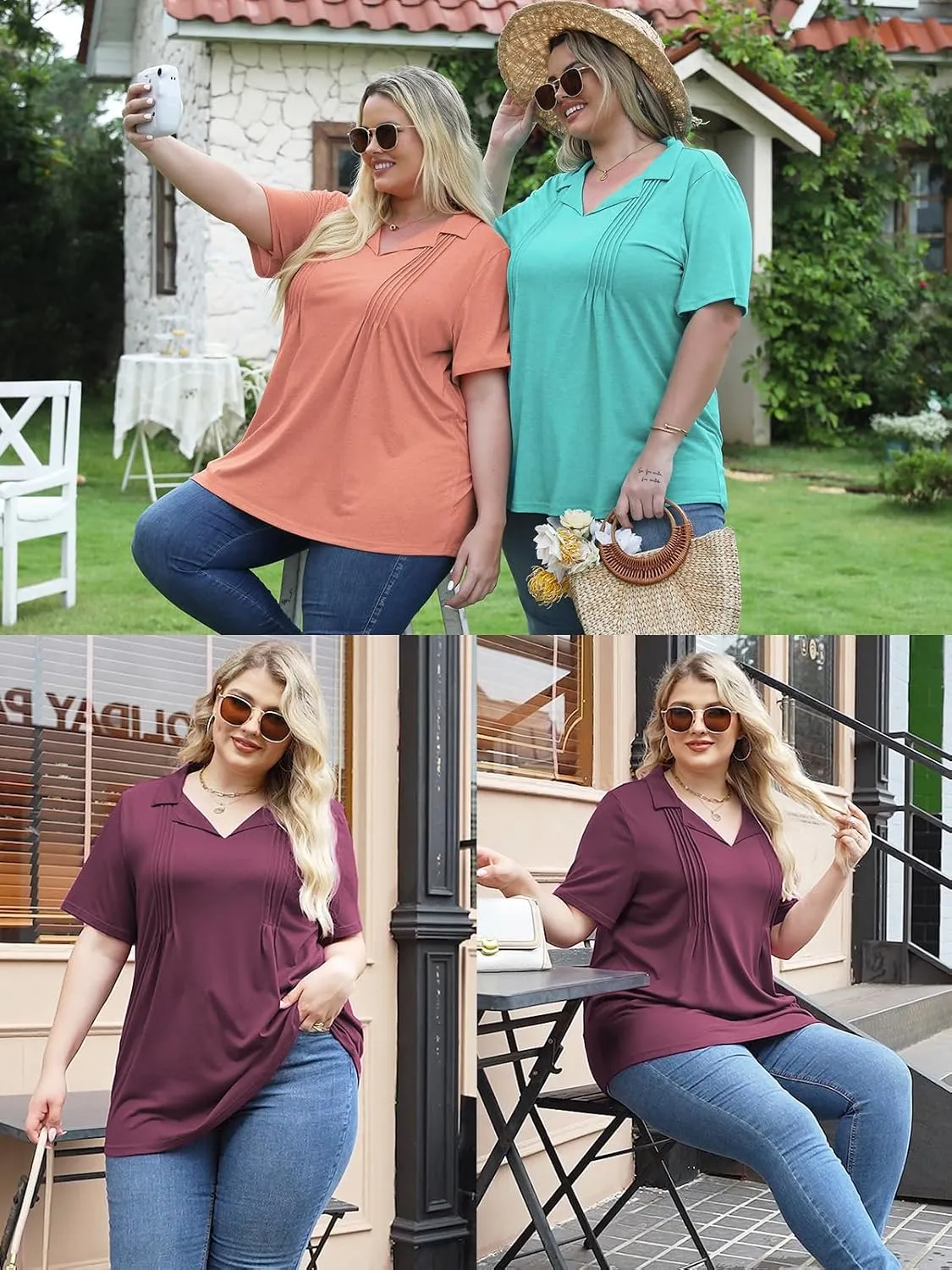 ROSRISS Plus-Size-Womens-Summer-Tops Casual Polo V Neck Work T Shirts Cute Flowy Pleated Blouses Trendy Short Sleeve Tunics