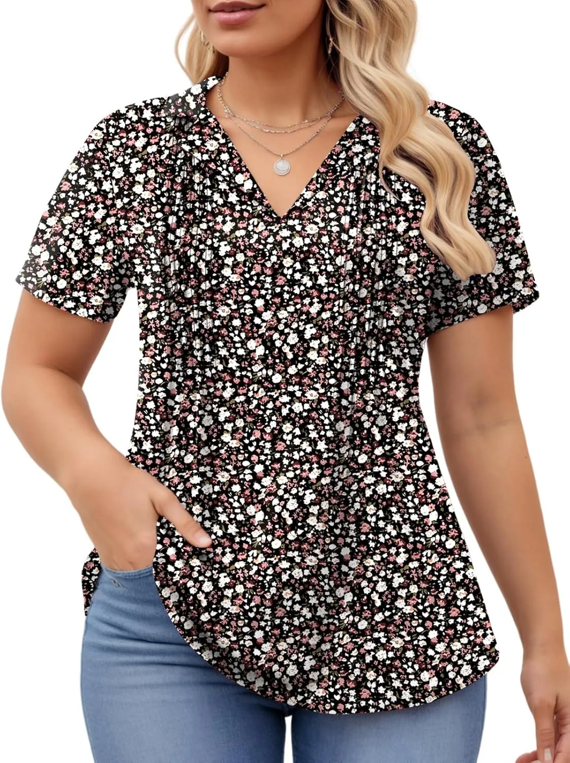 ROSRISS Plus-Size-Womens-Summer-Tops Casual Polo V Neck Work T Shirts Cute Flowy Pleated Blouses Trendy Short Sleeve Tunics