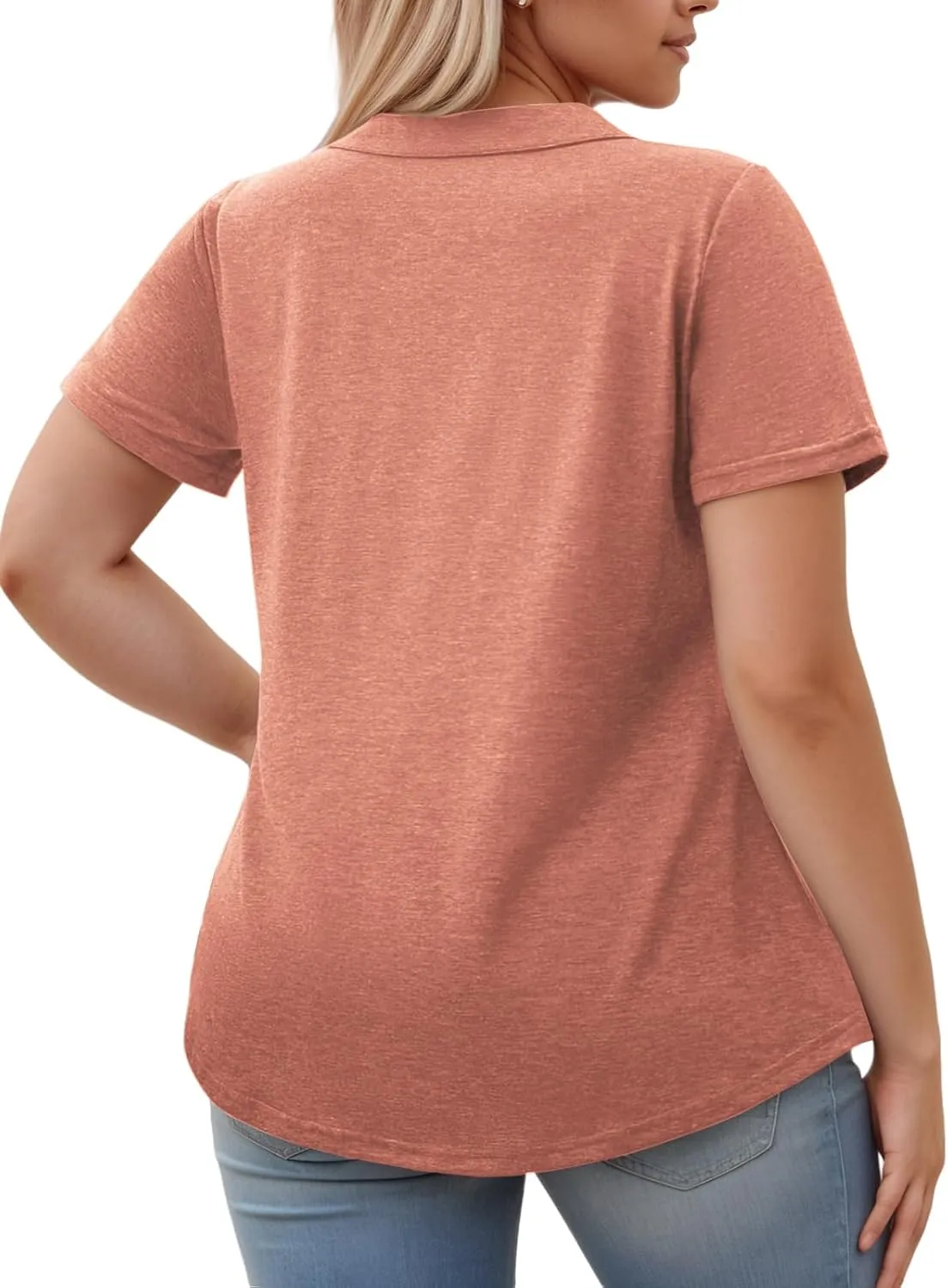 ROSRISS Plus-Size-Womens-Summer-Tops Casual Polo V Neck Work T Shirts Cute Flowy Pleated Blouses Trendy Short Sleeve Tunics