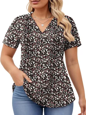 ROSRISS Plus-Size-Womens-Summer-Tops Casual Polo V Neck Work T Shirts Cute Flowy Pleated Blouses Trendy Short Sleeve Tunics