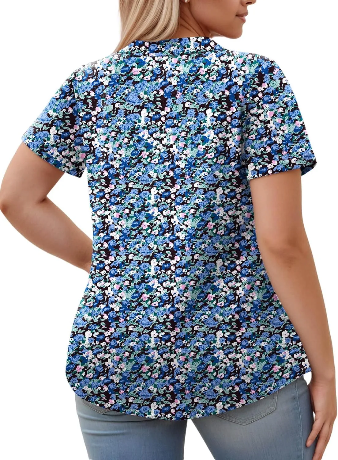 ROSRISS Plus-Size-Womens-Summer-Tops Casual Polo V Neck Work T Shirts Cute Flowy Pleated Blouses Trendy Short Sleeve Tunics