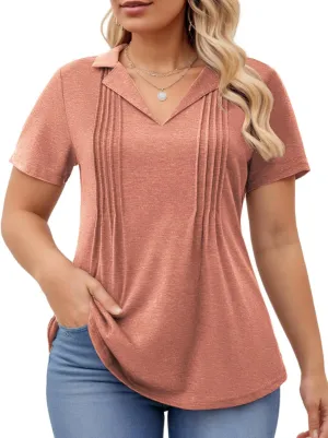 ROSRISS Plus-Size-Womens-Summer-Tops Casual Polo V Neck Work T Shirts Cute Flowy Pleated Blouses Trendy Short Sleeve Tunics