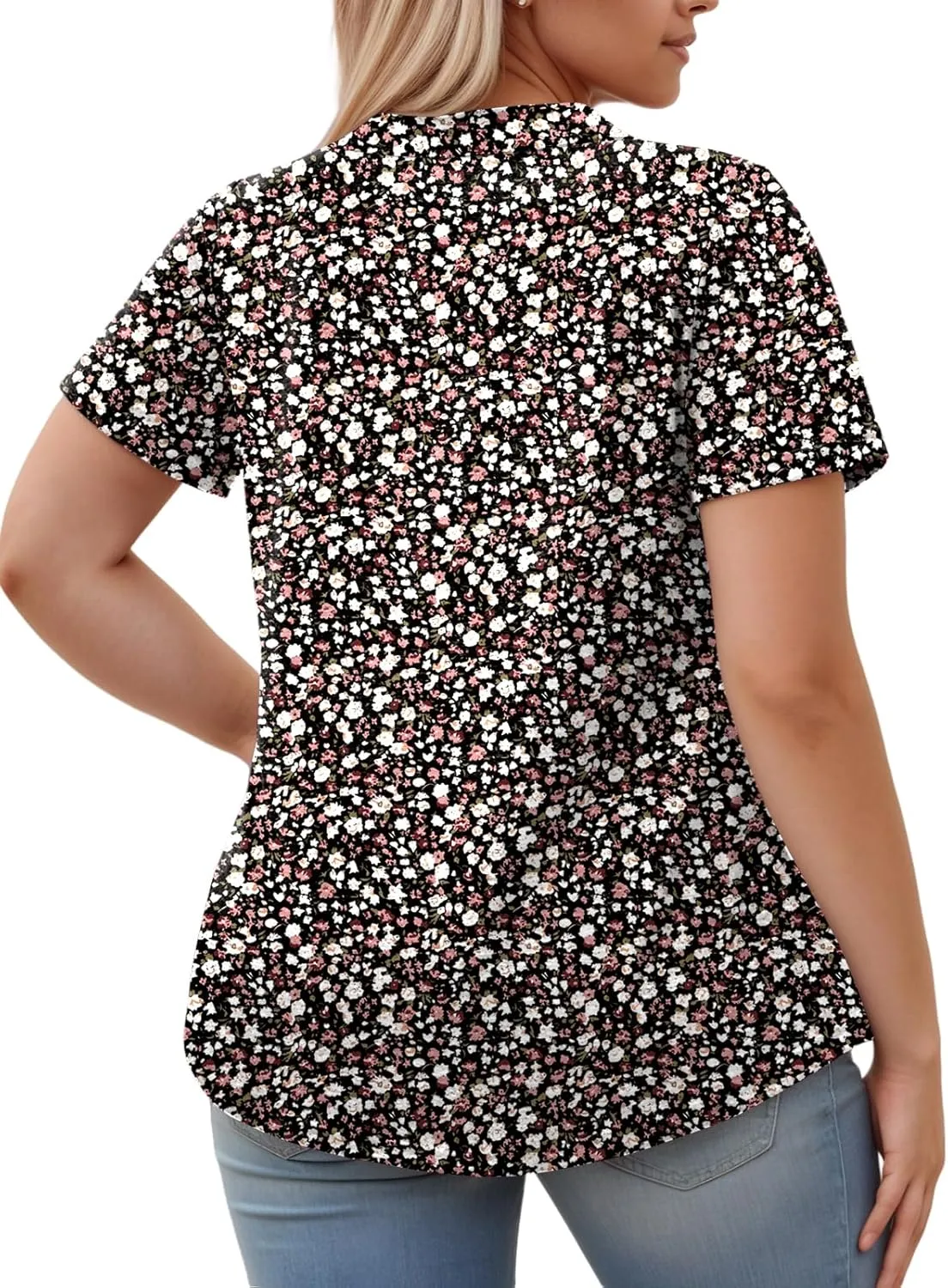 ROSRISS Plus-Size-Womens-Summer-Tops Casual Polo V Neck Work T Shirts Cute Flowy Pleated Blouses Trendy Short Sleeve Tunics