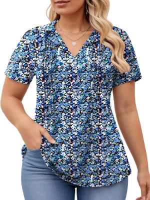 ROSRISS Plus-Size-Womens-Summer-Tops Casual Polo V Neck Work T Shirts Cute Flowy Pleated Blouses Trendy Short Sleeve Tunics