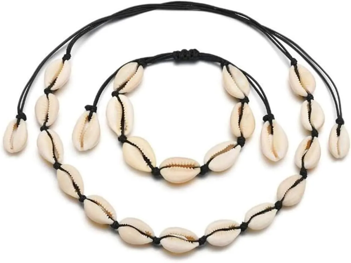Rrdaily 2Pcs Natural Shell Choker Necklace Bracelet Set for Women,Handmade Adjustable Conch Necklace Bracelet Beach Jewelry Gift