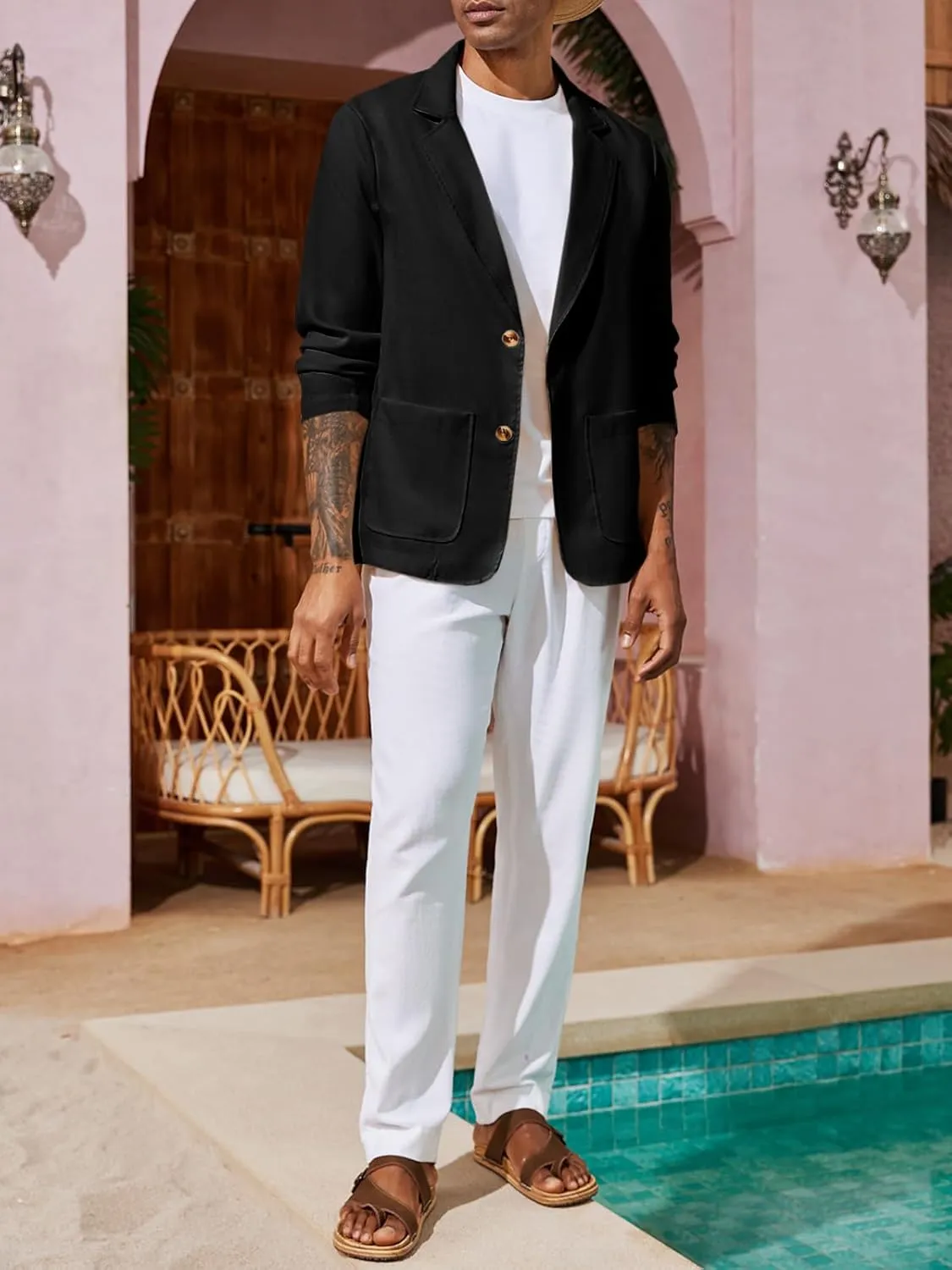 Runcati Mens Casual Linen Blazer Suit Jacket Two Button Slim Fit Lightweight Business Sport Coats