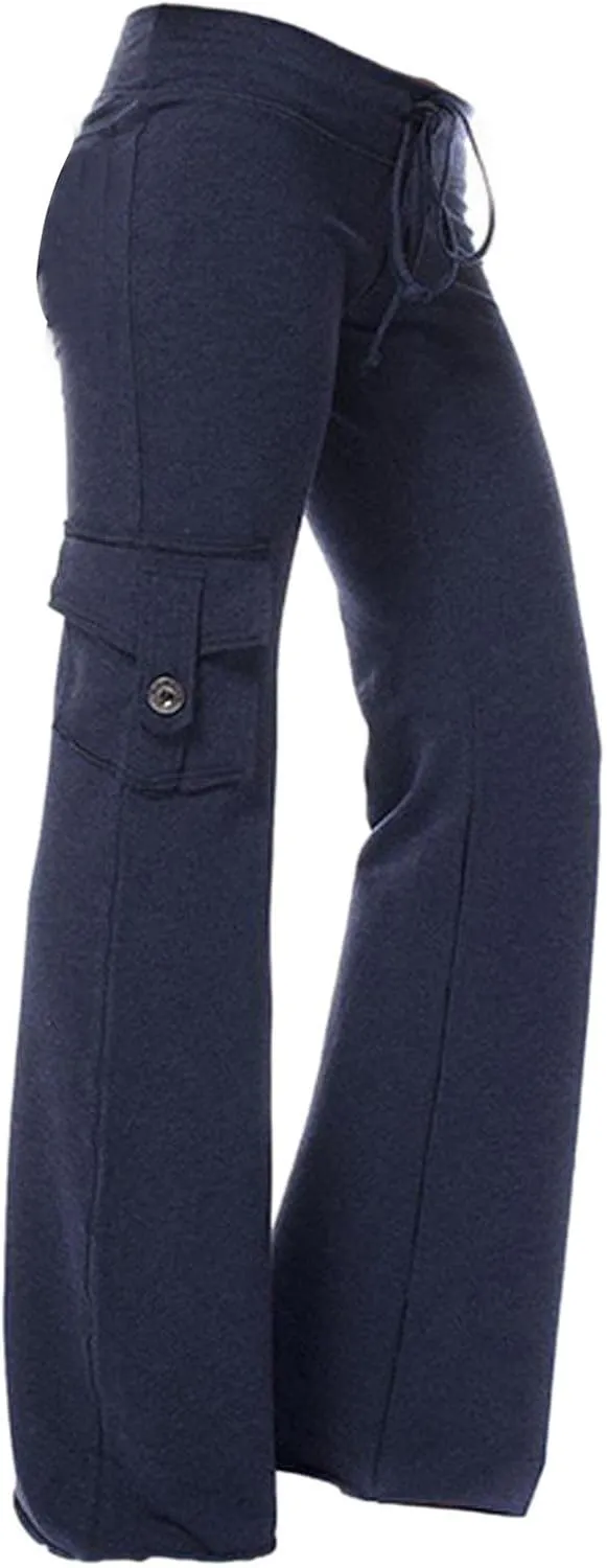 Ruziyoog High Waisted Yoga Pants with Pockets Casual Wide Leg Lounge Pants Drawstring Elastic Waist Trousers for Women