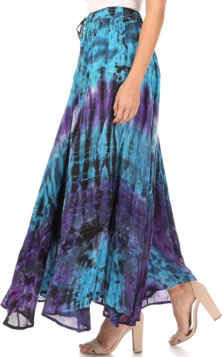 Sakkas Ester Womens Simple Boho Maxi Full Circle Tie-dye Skirt with Elastic Waist