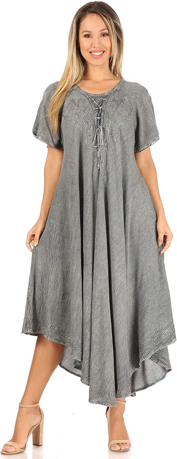 Sakkas Lilia Embroidered Lace Up Bodice Relaxed Fit Maxi Sun Dress