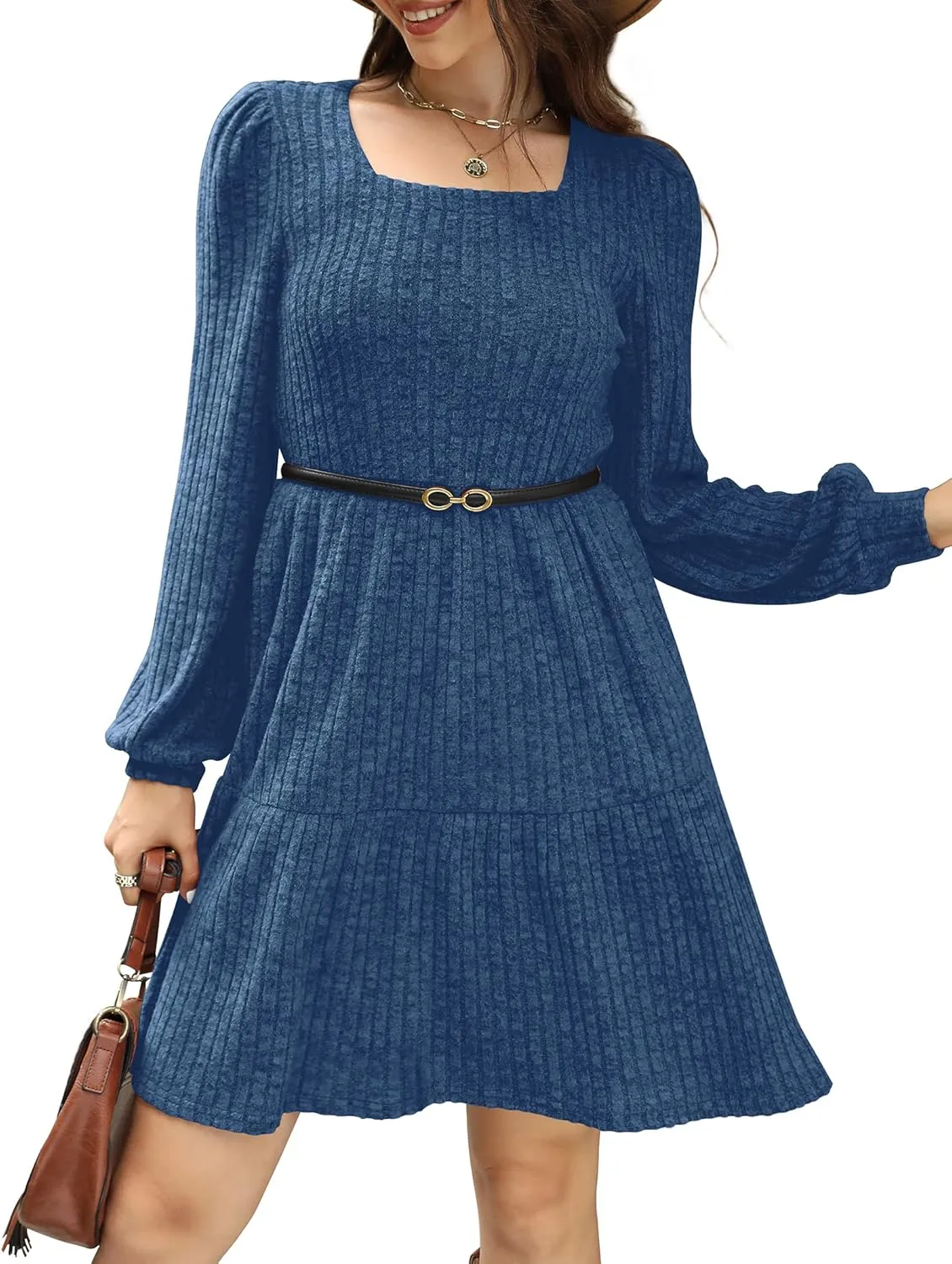 SAMPEEL Womens Square Neck Long Sleeve Fall Dresses Casual Babydoll Sweater Dress