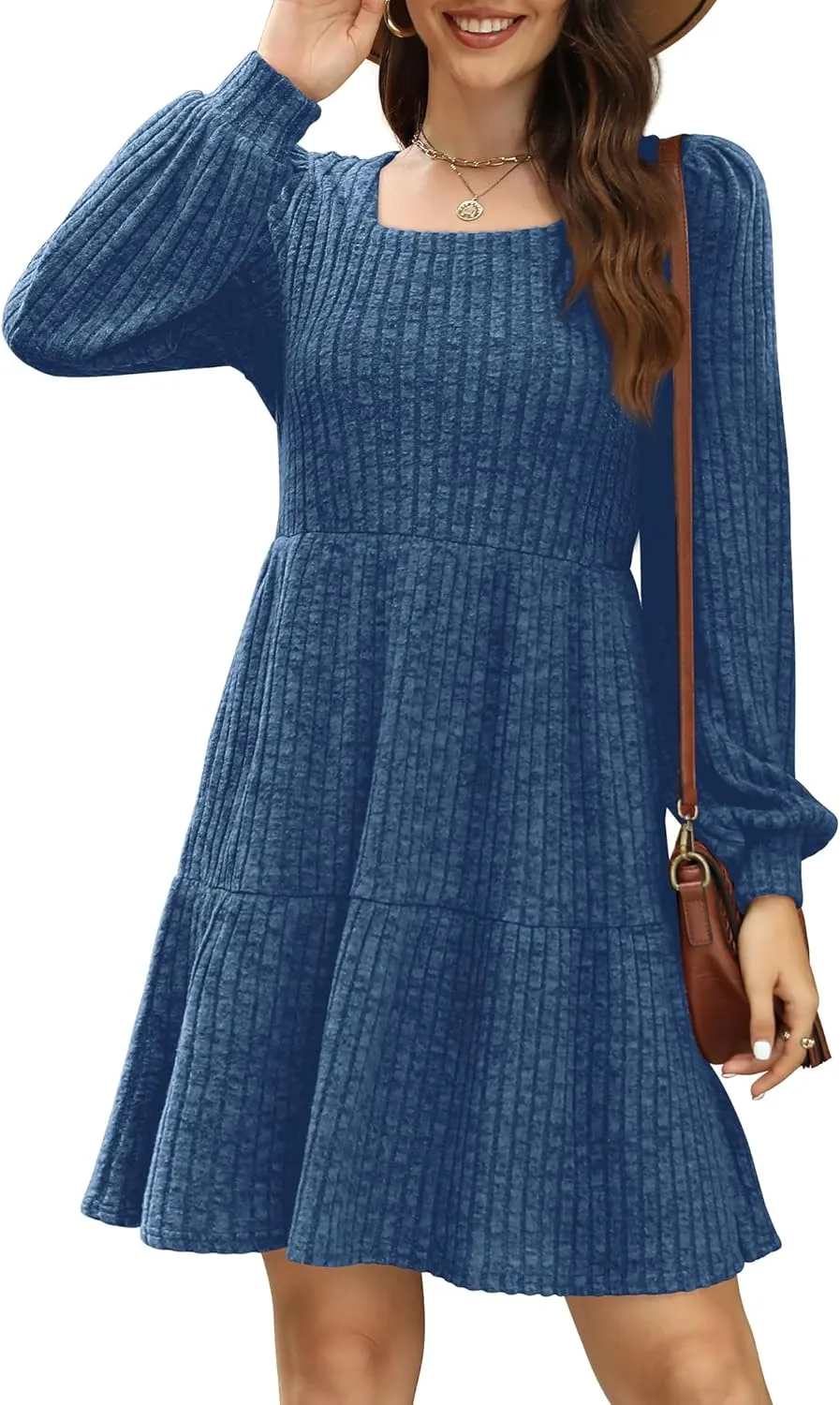 SAMPEEL Womens Square Neck Long Sleeve Fall Dresses Casual Babydoll Sweater Dress